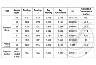 Table 1: Table of absorbance readings (OD 450 nm) for standard curve, spike controls and unknown control samples. Value for Average Reading is derived from the average of two readings (OD 450nm). The Average Reading for blank sample (no conjugate added) was subtracted from all Average Readings to yield Average Absorbance values for Standards, spike controls and control samples. Standard deviation is included for all samples. The concentration of samples was calculated using the CurveExpert v 1.4 logistic fit (Concentration = 3.52/(1-e-6.8*OD450).