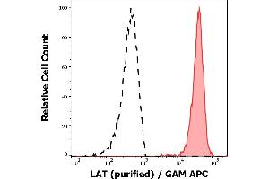 Separation of human CD3 positive LAT positive lymphocytes (red-filled) from neutrophil granulocytes (black-dashed) in flow cytometry analysis (intracellular staining) of peripheral whole blood stained using anti-LAT (LAT-01) purified antibody (concentration in sample 1 μg/mL, GAM APC).