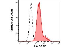 Separation of human lymphocytes of HLA-B7 positive blood donor (red-filled) from human lymphocytes of HLA-B7 negative blood donor (black-dashed) in flow cytometry analysis (surface staining) of human peripheral whole blood samples stained using anti-HLA-B7 (BB7. (HLA B7 抗体  (PE))
