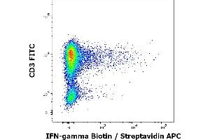 Flow cytometry multicolor intracellular staining pattern of human lymphocytes (PHA stimulated and Brefeldin A + Monesin treated) stained using anti-human IFN-gamma (4S. (Interferon gamma 抗体  (Biotin))