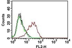 Flow cytometric analysis of MCF-7 cell with EPCAM monoclonal antibody, clone EGP40/837 (PE)  (red). (EpCAM 抗体  (PE))