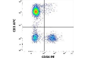 Flow cytometry multicolor surface staining of human peripheral whole blood stained using anti-human CD56 (LT56) PE antibody (10 μL reagent / 100 μL of peripheral whole blood) and anti-human CD3 (UCHT1) APC antibody (10 μL reagent / 100 μL of peripheral whole blood). (CD56 抗体  (PE))