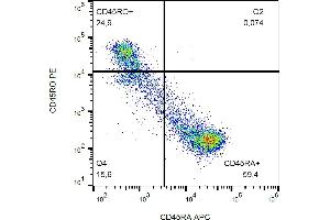 Flow cytometry analysis (surface staining) of CD45R0 in human peripheral blood with anti-CD45R0 (UCHL1) PE. (CCL20 抗体  (PE))