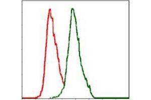Flow cytometric analysis of MCF-7 cells using ALPL mouse mAb (green) and negative control (red). (ALPL 抗体)