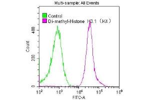 Overlay histogram showing Hela cells stained with ABIN7127289 (red line) at 1:50. (Recombinant HIST1H3A 抗体  (H3K4me2))