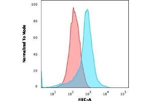 Flow Cytometric Analysis of U937 cells using ICOS-L Mouse Monoclonal Antibody (ICOSL/3111) followed by goat anti-Mouse IgG-CF488 (Blue); Isotype Control (Red).