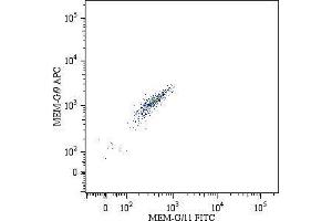 Double surface staining of HLA-G1 transfectants (viable cells gate) using anti-human HLA-G (MEM-G/9) APC and anti-human HLA-G (MEM-G/11) FITC