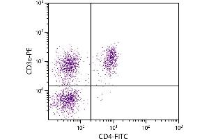 Porcine peripheral blood lymphocytes were stained with Mouse Anti-Porcine CD3ε-PE. (CD3 epsilon 抗体  (FITC))