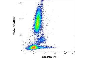 Flow cytometry surface staining pattern of human peripheral whole blood stained using anti-human CD49a (TS2/7) PE antibody (10 μL reagent / 100 μL of peripheral whole blood). (Integrin alpha 1 抗体  (PE))