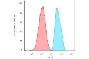 Flow Cytometric Analysis of MCF-7 cells using EpCAM Rabbit Recombinant Monoclonal Antibody (EGP40/2571R) followed by Goat anti-Mouse IgG-CF488 (Blue); Isotype Control (Red). (Recombinant EpCAM 抗体  (Extracellular Domain))
