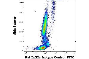 Flow cytometry surface nonspecific staining pattern of human peripheral whole blood stained using Rat IgG2a Isotype control (RTG2A1-1) FITC antibody (concentration in sample 9 μg/mL). (大鼠 IgG2a isotype control (FITC))