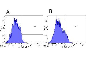 Flow-cytometry using anti-CD25 antibody Basiliximab   Cynomolgus monkey lymphocytes were stained with an isotype control (panel A) or the rabbit-chimeric version of Basiliximab ( panel B) at a concentration of 1 µg/ml for 30 mins at RT.