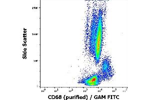 Flow cytometry intracellular staining pattern of human peripheral blood stained using anti-human CD68 (Y1/82A) purified antibody (concentration in sample 2 μg/mL) GAM FITC. (CD68 抗体)