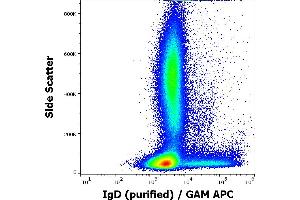 Flow cytometry surface staining pattern of human peripheral whole blood stained using anti-human IgD (IA6-2) purified antibody (concentration in sample 0,33 μg/mL, GAM APC). (小鼠 anti-人 IgD Antibody)