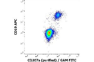 Flow cytometry multicolor surface staining of human lymphocytes stained using anti-human CD19 (LT19) APC antibody (10 μL reagent / 100 μL of peripheral whole blood) and anti-human CD307a (E3) purified antibody (5 μg/mL, GAM-FITC). (FCRL1 抗体)