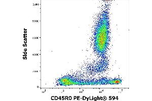 Flow cytometry surface staining pattern of human peripheral whole blood stained using anti-human CD45R0 (UCHL1) PE-DyLight® 594 antibody (4 μL reagent / 100 μL of peripheral whole blood). (CCL20 抗体  (PE-DyLight 594))