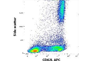Flow cytometry surface staining pattern of human peripheral whole blood stained using anti-human CD62L (LT-TD180) APC antibody (10 μL reagent / 100 μL of peripheral whole blood).