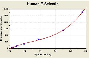 Diagramm of the ELISA kit to detect Human E-Select1 nwith the optical density on the x-axis and the concentration on the y-axis. (Selectin E/CD62e ELISA 试剂盒)