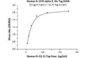 Immobilized Human IL-13, Fc Tag (ABIN6923159,ABIN6938841) at 5 μg/mL (100 μL/well) can bind Human IL-13 R alpha 2, His Tag (ABIN6923153,ABIN6938872) with a linear range of 4-31 ng/mL (QC tested). (IL13RA2 Protein (AA 27-343) (His tag))