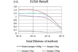 Black line: Control Antigen (100 ng),Purple line: Antigen (10 ng), Blue line: Antigen (50 ng), Red line:Antigen (100 ng) (CCL4 抗体  (AA 24-92))