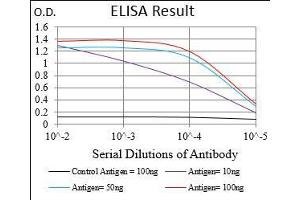 Black line: Control Antigen (100 ng), Purple line: Antigen(10 ng), Blue line: Antigen (50 ng), Red line: Antigen (100 ng), (MME 抗体  (AA 52-246))