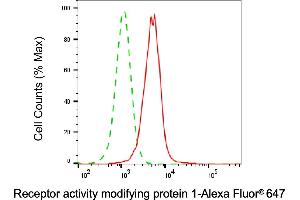 Flow cytometric analysis of Receptor activity modifying protein 1 expression in HepG2 cells using Receptor activity modifying protein 1 antibody (ABIN7800151), 1:2,000).