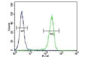 CRFR2D antibody flow cytometric analysis of HeLa cells (right histogram) compared to a negative control cell (left histogram). (CRFR2D 抗体)