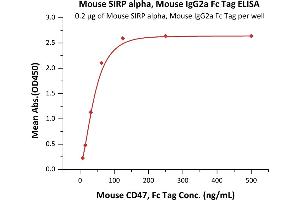 Immobilized Mouse SIRP alpha, Mouse IgG2a Fc Tag (ABIN5955018,ABIN6253632) at 2 μg/mL (100 μL/well) can bind Mouse CD47, Fc Tag (ABIN2870726,ABIN2870727) with a linear range of 8-63 ng/mL (QC tested). (SIRPA Protein (AA 32-373) (Fc Tag))