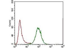 Flow cytometric analysis of Hela cells using IL3RA mouse mAb (green) and negative control (red). (IL3RA 抗体  (AA 200-305))