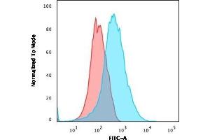 Flow Cytometric Analysis of Jurkat cells using CD31 Mouse Monoclonal Antibody (PECAM1/3540) followed by goat anti-Mouse IgG-CF488 (Blue); Isotype Control (Red). (CD31 抗体  (AA 625-738))