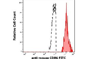 Separation of murine CD86 positive myeloid cells (red-filled) from CD86 negative lymphoid cells (black-dashed) in flow cytometry analysis (surface staining) murine splenocyte suspension stained using anti-mouse CD86 (GL-1) FITC antibody (concentration in sample 0,33 μg/mL). (CD86 抗体  (FITC))