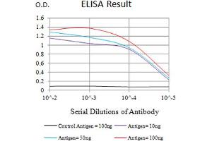 Black line: Control Antigen (100 ng),Purple line: Antigen (10 ng), Blue line: Antigen (50 ng), Red line:Antigen (100 ng) (LAG3 抗体  (AA 66-199))
