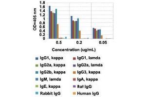 ELISA analysis of Mouse IgG monoclonal antibody, clone RMG07  at the following concentrations: 0. (山羊 anti-小鼠 Immunoglobulin Heavy Constant gamma 1 (G1m Marker) (IGHG1) Antibody (Biotin))