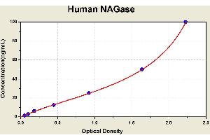 Diagramm of the ELISA kit to detect Human NAGasewith the optical density on the x-axis and the concentration on the y-axis. (MGEA5 ELISA 试剂盒)