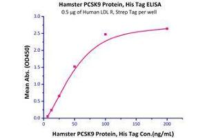 Immobilized Human LDL R (High Purity) Protein, Strep Tag (Cat# LDR-H5281) at 5 μg/mL (100 μl/well) can bind Hamster PCSK9 Protein, His Tag (Cat# PC9-H52E4) with a linear range of 6-50 ng/mL.