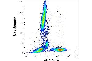 Flow cytometry surface staining pattern of human peripheral whole blood stained using anti-human CD5 (L17F12) FITC antibody (4 μL reagent / 100 μL of peripheral whole blood).