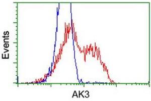 HEK293T cells transfected with either RC204408 overexpress plasmid (Red) or empty vector control plasmid (Blue) were immunostained by anti-AK3 antibody (ABIN2452716), and then analyzed by flow cytometry. (Adenylate Kinase 3 抗体)