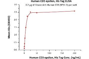 Immobilized Mouse A CD3 (SP34-2) at 2 μg/mL (100 μL/well) can bind Human CD3 epsilon, His Tag (ABIN2180779,ABIN2180778) with a linear range of 0. (CD3 epsilon Protein (CD3E) (AA 23-126) (His tag))