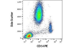 Flow cytometry surface staining pattern of human peripheral whole blood stained using anti-human CD14 (MEM-18) PE antibody (20 μL reagent / 100 μL of peripheral whole blood). (CD14 抗体  (PE))