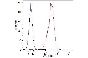 Surface staining of NALM-6 human pre-B cell leukemia cell line with anti-human CD10 (MEM-78) PE. (MME 抗体  (FITC))