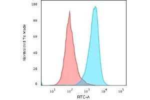Flow Cytometric Analysis of paraformaldehyde-fixed Raji cells using CD45RB Rabbit Recombinant Monoclonal Antibody (PTPRC/1783R) followed by Goat anti-rabbit IgG-CF488 (Blue); Isotype Control (Red). (Recombinant CD45 抗体)