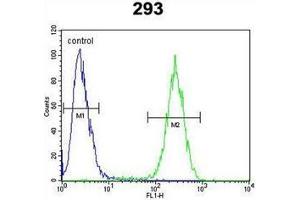 Flow cytometric analysis of 293 cells using ENSA Antibody  (right histogram) compared to a negative control cell (left histogram). (Ensa 抗体  (Middle Region))