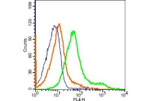 MCF-7 cells probed with MCT1 Polyclonal Antibody, ALEXA FLUOR® 647 Conjugated (bs-10249R-A647) at 1:100 for 30 minutes compared to control cells (blue) and isotype control (orange).