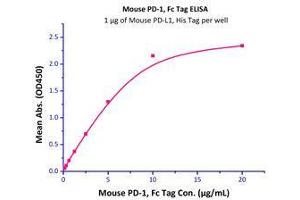 Immobilized Mouse PD-L1, His Tag (Cat# PD1-M5220) at 10 μg/mL (100 μl/well) can bind Mouse PD-1, Fc Tag (Cat# PD1-M5259) with a linear range of 0. (PD-1 Protein (AA 25-167) (Fc Tag))
