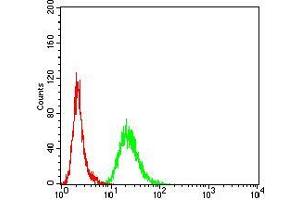 Flow cytometric analysis of Hela cells using ADIPOQ mouse mAb (green) and negative control (red). (ADIPOQ 抗体  (AA 16-154))
