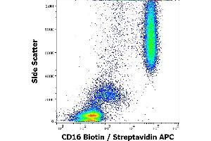 Flow cytometry surface staining pattern of human peripheral whole blood stained using anti-human CD16 (MEM-154) Biotin antibody (concentration in sample 0,6 μg/mL, Streptavidin APC). (CD16 抗体  (Biotin))