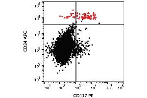 Surface staining of human peripheral blood cells with anti-CD117 (104D2) PE. (KIT 抗体  (PE))