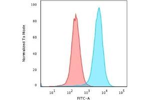 Flow Cytometric Analysis of paraformaldehyde-fixed K562 cells using CD43 Mouse Monoclonal Antibody (SPN/3388) followed by goat anti-Mouse IgG-CF488 (Blue); Isotype Control (Red). (CD43 抗体)