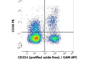 Flow cytometry multicolor surface staining pattern of human lymphocytes stained using anti-human CD314 (1D11) purified antibody (azide free, concentration in sample 2 μg/mL) GAM APC and anti-human CD56 (LT56) PE antibody (10 μL reagent / 100 μL of peripheral whole blood). (KLRK1 抗体)
