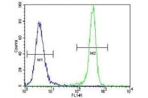 IDH1 antibody flow cytometric analysis of 293 cells (right histogram) compared to a negative control (left histogram). (IDH1 抗体  (AA 116-143))